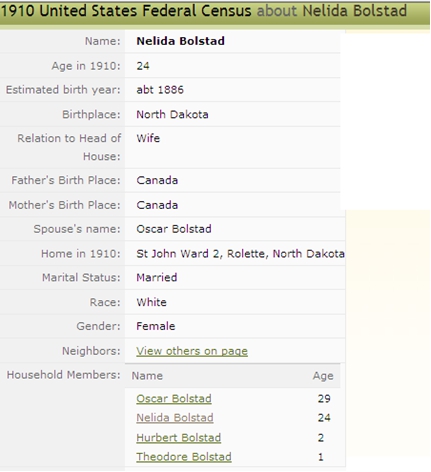 1910 US Census documenting Occupants of Bolstad Household in St. John ND 1